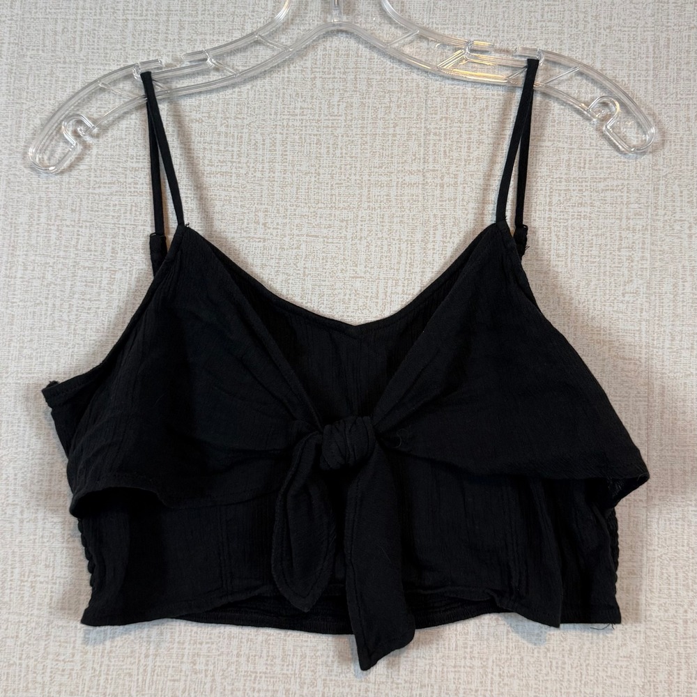Aerie Womens Black Textured Tie Front Smocked Back Crop Cami Top •L•‎ Festival